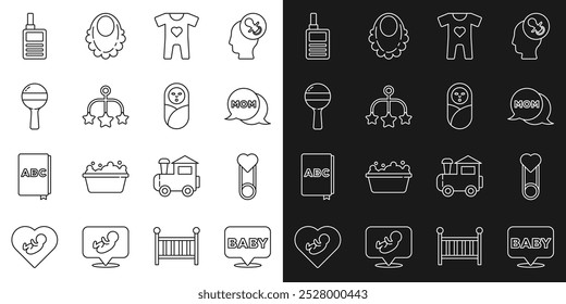 Set line Baby, clothes pin, Speech bubble mom, crib hanging toys, Rattle baby, Monitor Walkie Talkie and Newborn infant swaddled icon. Vector