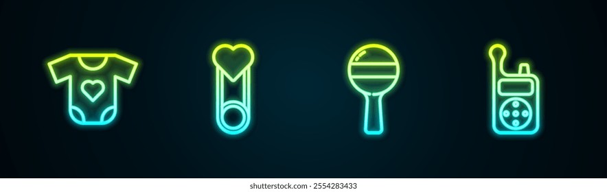 Set line Baby clothes, pin, Rattle baby toy and Monitor Walkie Talkie. Glowing neon icon. Vector