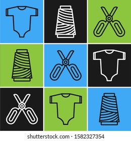 Set line Baby clothes, Scissors and Sewing thread on spool icon. Vector