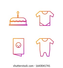 Set line Baby clothes, Baby shower invitations card, poster, Cake with burning candles and Baby onesie. Gradient color icons. Vector