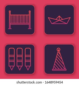 Set line Baby crib cradle bed, Wax crayons for drawing, Folded paper boat and Party hat. Blue square button. Vector