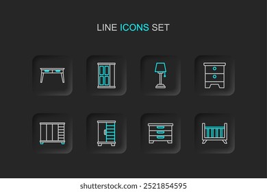 Set-Linie Babybett Wiege Bett, Kommode, Kleiderschrank, Möbel Nachttisch, Stehleuchte, und Büro-Schreibtisch-Symbol. Vektorgrafik