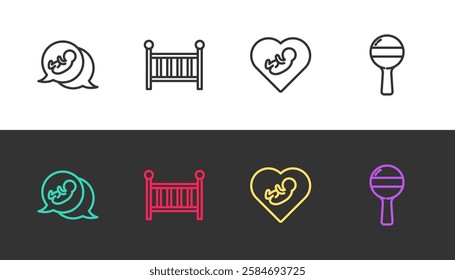Set line Baby, crib cradle, inside heart and Rattle baby toy on black and white. Vector
