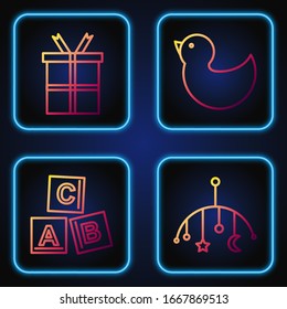 Set line Baby crib hanging toys, ABC blocks, Gift box and Rubber duck. Gradient color icons. Vector