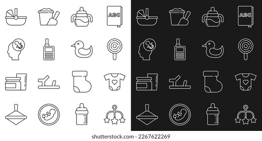 Set line Baby crib hanging toys, clothes, Lollipop, bottle, Monitor Walkie Talkie, dummy pacifier, stroller and Rubber duck icon. Vector