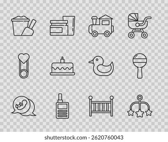 Set line Baby, crib hanging toys, Toy train, Monitor Walkie Talkie, Sand bucket with shovel, Cake burning candles, cradle and Rattle baby icon. Vector