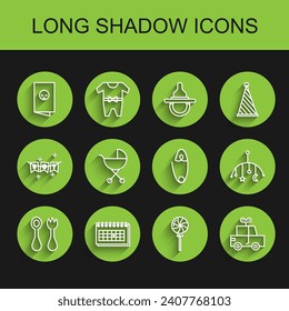 Set line Baby cutlery with fork and spoon, Calendar, shower invitations card, poster, Lollipop, Toy, stroller, crib hanging toys and Classic steel safety pin icon. Vector