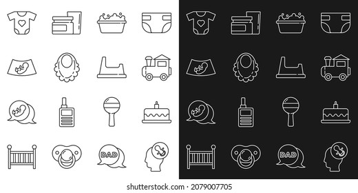 Ponga en línea el pacificador bebé bobo, pastel con velas ardientes, tren de juguetes, bañera, bib, ultrasonido de bebé, ropa e ícono de caca. Vector