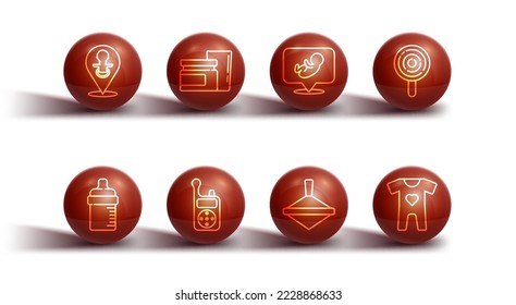 Set line Baby dummy pacifier, bottle, Lollipop, Whirligig toy, Monitor Walkie Talkie, food, clothes and  icon. Vector