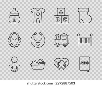 Ponga en línea el pacificador Baby dummy, el libro ABC, bloques, bañera, botella, bib, y cuna icono. Vector