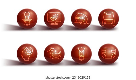 Set line Baby dummy pacifier, potty, clothes pin, Rubber duck, absorbent diaper and Speech bubble dad icon. Vector
