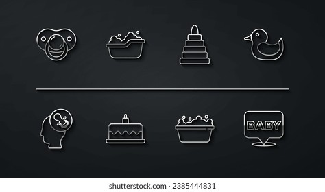 Set line Baby dummy pacifier, Rubber duck, bathtub, Cake with burning candles,  and Pyramid toy icon. Vector