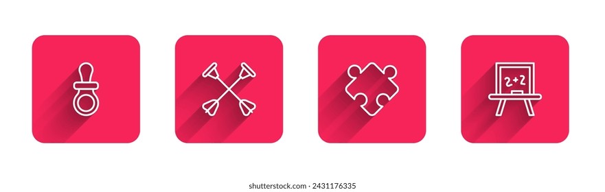 Set line Chupete bebé maniquí, flecha con punta de sucker, piezas de rompecabezas de juguete y pizarra con sombra larga. Botón cuadrado rojo. Vector