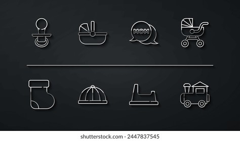 Set line Baby dummy pacifier, socks clothes, stroller, potty, hat, Toy train and Speech bubble mom icon. Vector
