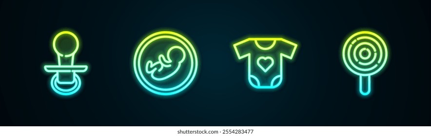 Set line Baby dummy pacifier, , clothes and Lollipop. Glowing neon icon. Vector