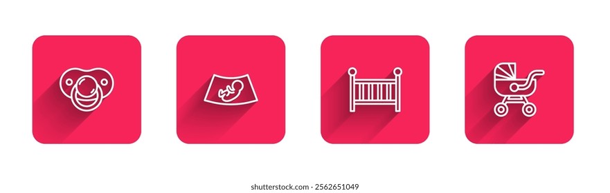 Set line Baby dummy pacifier, Ultrasound of baby, crib cradle and stroller with long shadow. Red square button. Vector