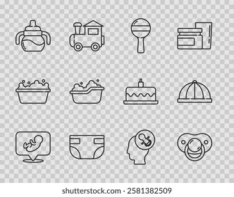 Set line Baby, dummy pacifier, Rattle baby toy, absorbent diaper, bottle, bathtub,  and hat icon. Vector