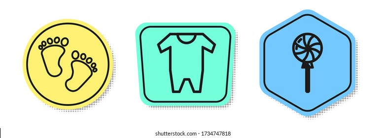 Set line Baby footprints, Baby clothes and Lollipop. Colored shapes. Vector