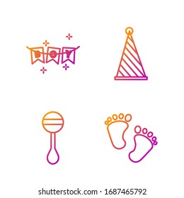 Set line Baby footprints, Rattle baby toy, Carnival garland with flags and Party hat. Gradient color icons. Vector