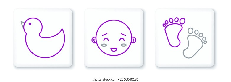 Set line Baby footprints, Rubber duck and Happy little boy head icon. Vector