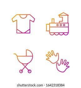 Set line Baby hands print, Baby stroller, Baby onesie and Toy train. Gradient color icons. Vector