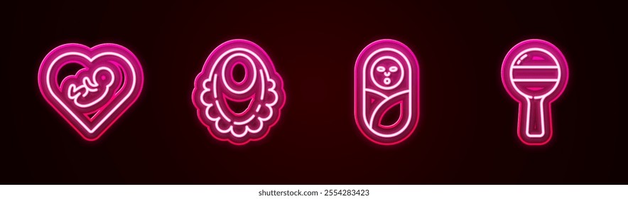 Set line Baby inside heart, bib, Newborn baby infant swaddled and Rattle toy. Glowing neon icon. Vector