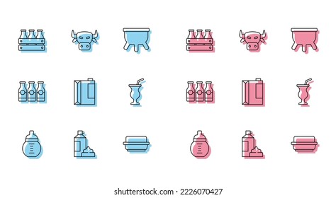 Set line Baby milk in a bottle, Whipped cream, Bottled wooden box, Butter butter dish, Paper package for kefir, Milkshake, with and Cow head icon. Vector