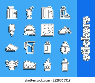 Set line Baby milk in a bottle, Butter butter dish, Paper package for, Lettering, Ice cream waffle cone, kefir and Cheese icon. Vector