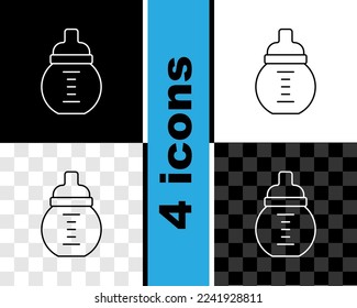 Fijar la línea Leche para bebé en un icono de botella aislado en fondo blanco y negro, transparente. Icono del frasco de alimentación.  Vector