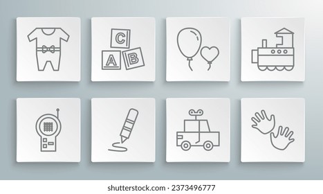 Set line Baby Monitor Walkie Talkie, ABC blocks, Wax crayon for drawing, Toy car, hands print, Balloons form of heart, train and clothes icon. Vector