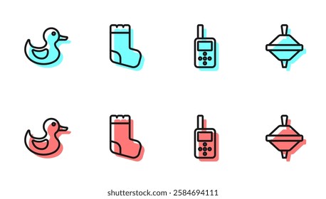 Set line Baby monitor walkie talkie, Rubber duck, socks and Whirligig toy icon. Vector