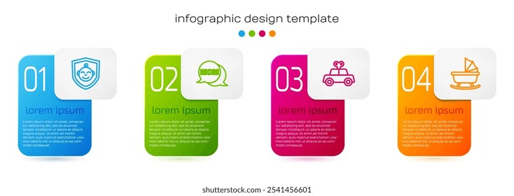 Set line Bebé en escudo, Burbuja de voz mamá, coche de juguete y cochecito. Plantilla de infografía de negocios. Vector