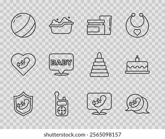 Set line Baby on shield, food, Monitor Walkie Talkie, Beach ball,  and Cake with burning candles icon. Vector