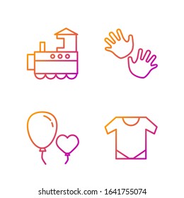 Set line Baby onesie, Balloons in form of heart, Toy train and Baby hands print. Gradient color icons. Vector