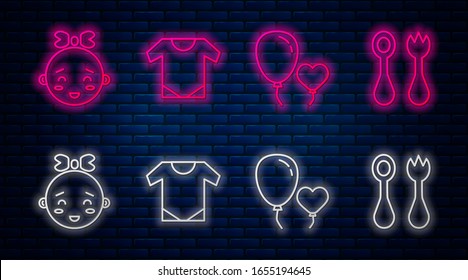 Set line Baby onesie, Balloons in form of heart, Happy little girl head and Baby cutlery with fork and spoon. Glowing neon icon on brick wall. Vector