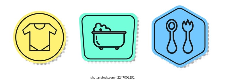 Set line Baby onesie, Baby bathtub and Baby cutlery with fork and spoon. Colored shapes. Vector