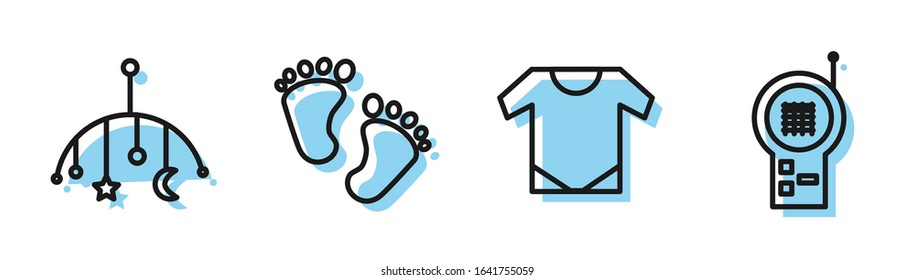 Set line Baby onesie, Baby crib hanging toys, Baby footprints and Baby Monitor Walkie Talkie icon. Vector