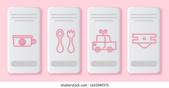Set line Baby potty, Baby cutlery with fork and spoon, Toy car and Baby absorbent diaper. White rectangle button. Vector