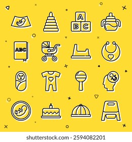 Set line Baby potty, dummy pacifier, bib, ABC blocks, stroller, book, Ultrasound of baby and  icon. Vector