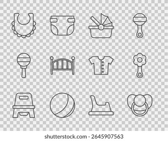 Set line Baby potty, dummy pacifier, stroller, Beach ball, bib, crib cradle bed,  and Rattle baby toy icon. Vector