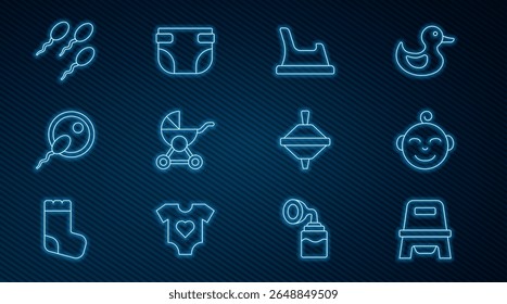 Set line Baby potty, Cabeça de menino pequeno, carrinho de bebê, Esperma, Brinquedo de redemoinho e ícone de fralda. Vetor