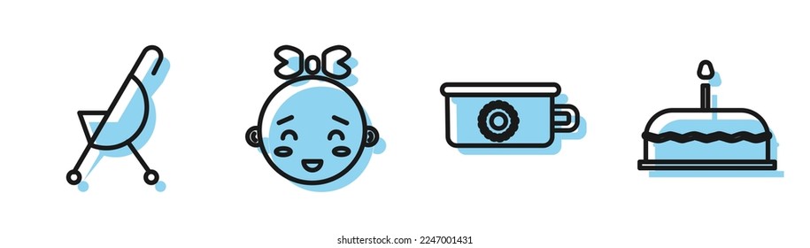 Set line Baby potty, Baby stroller, Happy little girl head and Cake with burning candles icon. Vector