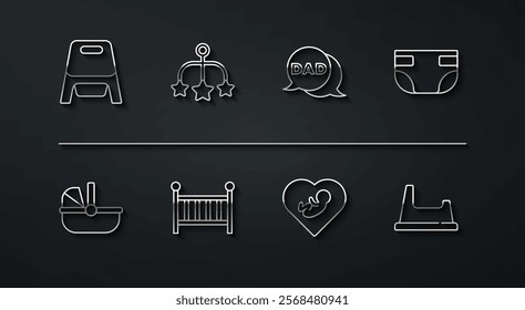 Set line Baby potty, stroller, absorbent diaper, inside heart, crib cradle, hanging toys,  and Speech bubble dad icon. Vector