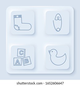 Set line Baby socks clothes, Classic steel safety pin, ABC blocks and Rubber duck. White square button. Vector