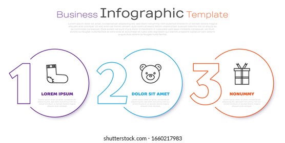 Set line Baby socks clothes, Teddy bear plush toy and Gift box. Business infographic template. Vector