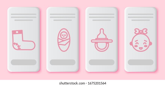 Set line Baby socks clothes, Newborn baby infant swaddled, Baby dummy pacifier and Happy little girl head. White rectangle button. Vector