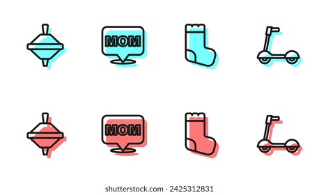 Set line Baby socks, Whirligig toy, Speech bubble mom and Roller scooter icon. Vector