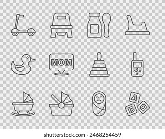 Set line Baby stroller, ABC blocks, Yogurt in bottle with spoon, Roller scooter, Speech bubble mom, Newborn baby infant swaddled and monitor walkie talkie icon. Vector