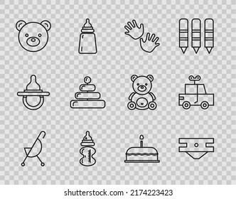 Fijar la línea "Baby stroller", pañal absorbente, manos impresas, botella, juguete de peluche de oso de Teddy, Pirámide, Pastel con velas ardientes e ícono de coche de juguete. Vector