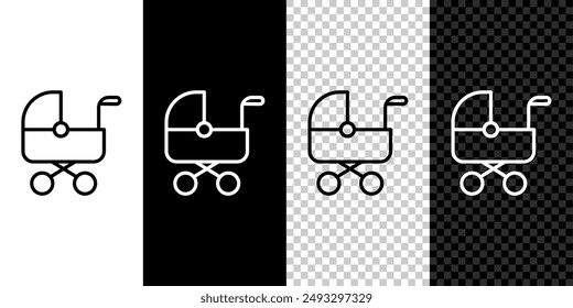 Set line Baby stroller icon isolated on black and white, transparent background. Baby carriage, buggy, pram, stroller, wheel.  Vector